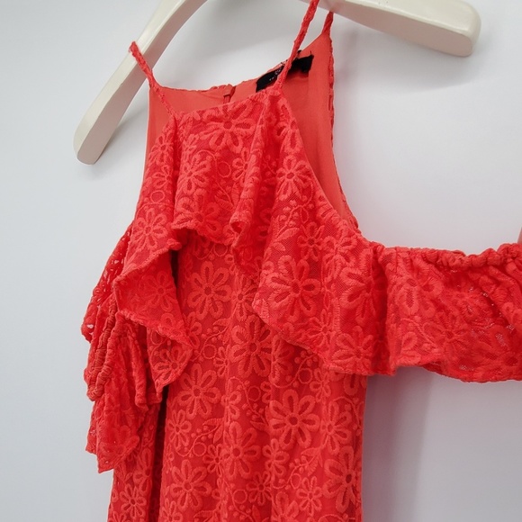 Trina Turk Lady Bug Roseville Ruffle Cold Shoulder Knit Lace Mini Dress Small - Picture 4 of 8
